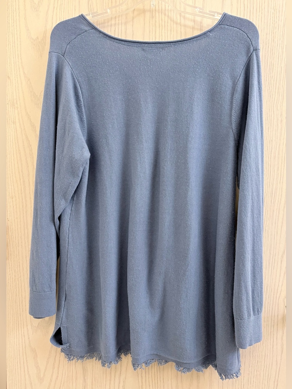 J. Jill Dusty Blue V-Neck Fringe Hem Long Sleeve Cotton Sweater - Picture 2 of 3